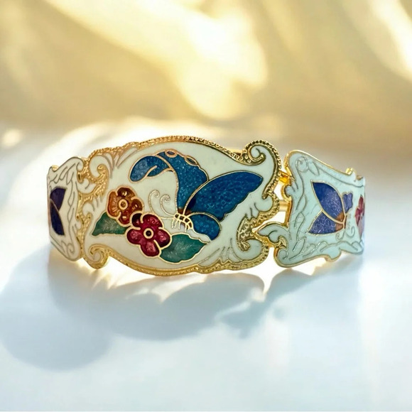 Vintage Cloisonné Enamel Gold Tone Hinged Cuff Bracelet - Picture 1 of 13